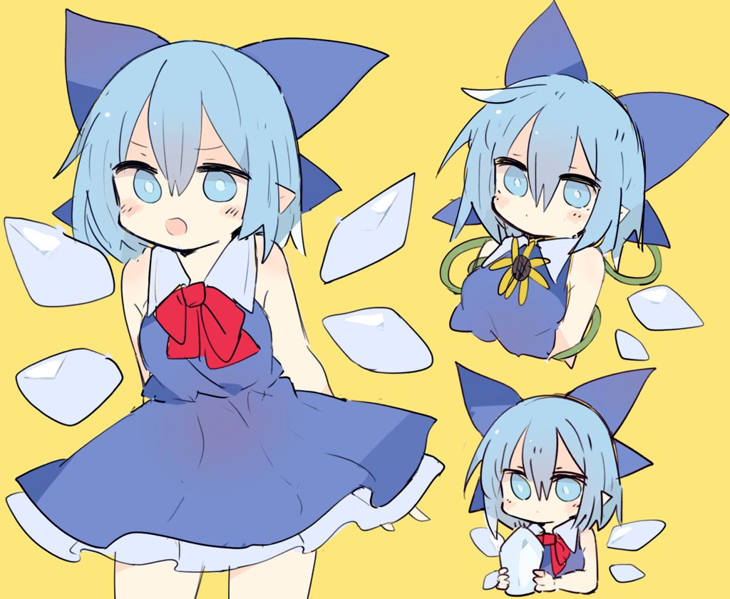 1girl 76gpo bangs blue_bow blue_dress blue_eyes blue_hair bow bright_pupils cirno closed_mouth dress flower hair_bow ice ice_wings looking_at_viewer multiple_views open_mouth red_neckwear short_hair simple_background solo sunflower touhou white_pupils wings yellow_background