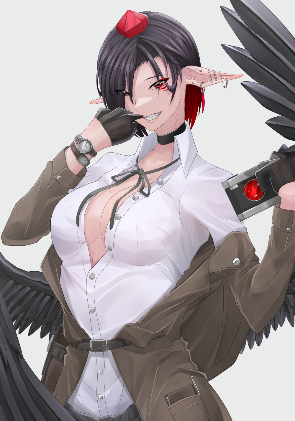 1girl alternate_costume alternate_hairstyle amekudaki belt bird_wings black_gloves black_hair black_wings breasts brown_coat buttons camera choker coat collared_shirt dress_shirt ear_piercing earrings eyebrows_visible_through_hair eyelashes eyes_visible_through_hair facial_mark feathered_wings finger_in_mouth gloves grey_background grin half_gloves hands_up hat highres holding holding_camera jewelry large_breasts lips long_sleeves looking_at_viewer multicolored_hair neck_ribbon no_bra partially_unbuttoned piercing pocket pointy_ears red_eyes redhead ribbon shameimaru_aya shirt short_hair simple_background smile solo tokin_hat touhou two-tone_hair watch watch white_shirt wing_collar wings