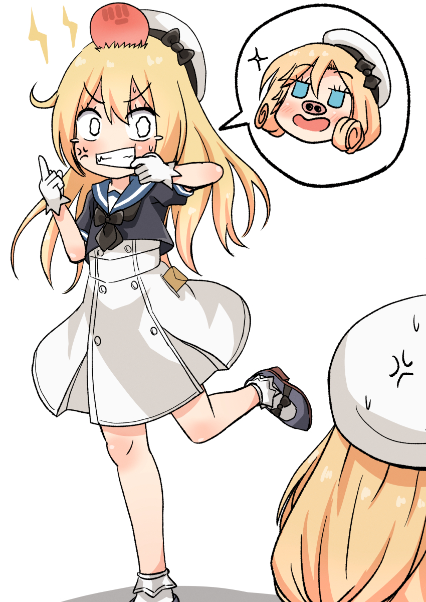 2girls anger_vein blonde_hair blue_eyes blue_sailor_collar blush clenched_teeth comiching dress eyebrows_visible_through_hair gloves hair_between_eyes hat head_bump highres janus_(kancolle) jervis_(kancolle) kantai_collection long_hair mary_janes multiple_girls pig_nose sailor_collar sailor_dress sailor_hat shoes short_sleeves simple_background socks tears teeth white_background white_dress white_gloves white_headwear white_legwear