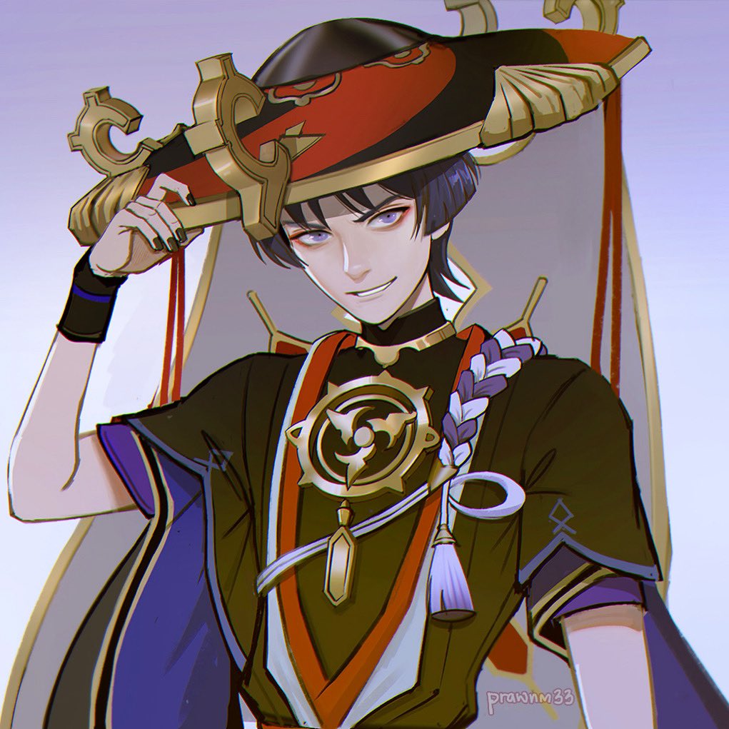 1boy artist_name bangs black_nails black_shirt emblem eyebrows_behind_hair eyeliner fingernails genshin_impact gradient gradient_background hat holding holding_clothes holding_hat looking_at_viewer makeup mistermagnolia open_clothes open_shirt purple_background purple_hair rope scaramouche_(genshin_impact) shimenawa shirt short_sleeves smirk solo tassel veil violet_eyes white_background wide_sleeves wristband