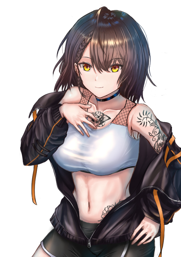 1girl 3kneko ahoge arm_tattoo azur_lane baltimore_(azur_lane) baltimore_(black_ace)_(azur_lane) bangs bare_shoulders black_choker black_jacket black_shorts braid breasts brown_hair chest_tattoo choker closed_mouth collarbone commentary cowboy_shot eyebrows_visible_through_hair flower_tattoo french_braid hair_between_eyes hand_on_hip hand_on_own_chest jacket large_breasts looking_at_viewer midriff navel off_shoulder partially_unzipped short_hair short_shorts shorts sidelocks simple_background smile solo sports_bra standing stomach_tattoo tattoo taut_clothes white_background white_sports_bra yellow_eyes