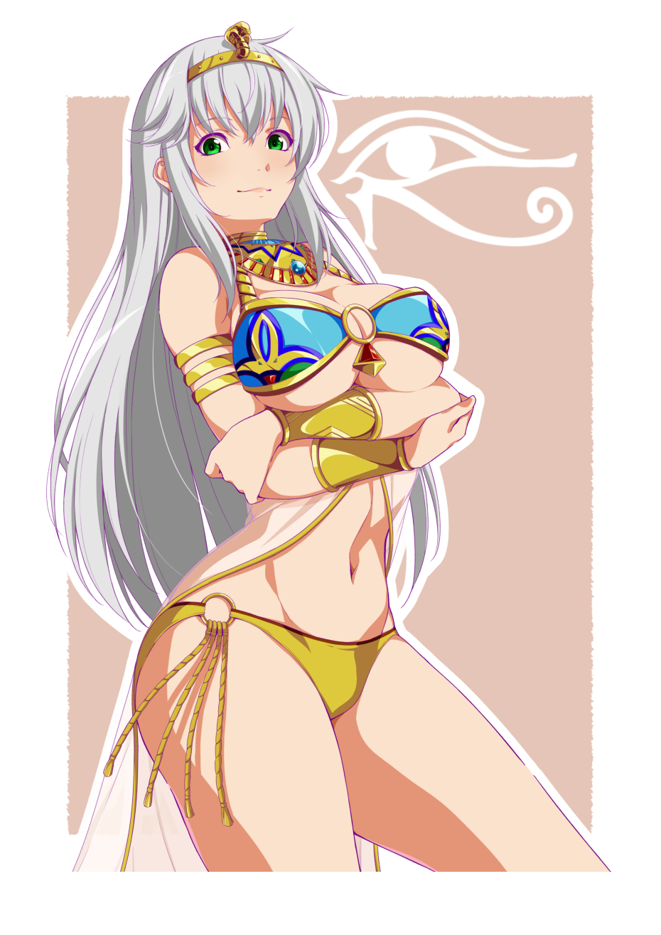 1girl armlet bangs bikini blue_bikini border bracer breast_hold breasts cleopatra_(oshioki_pyramid_den) closed_eyes closed_mouth commentary_request cowboy_shot crossed_arms green_eyes grey_background highres jewelry large_breasts long_hair looking_at_viewer mismatched_bikini navel neck_ring o-ring o-ring_bikini oshioki_pyramid_den outside_border qwel_08 silver_hair smile solo standing swimsuit tiara white_border yellow_bikini yellow_headwear