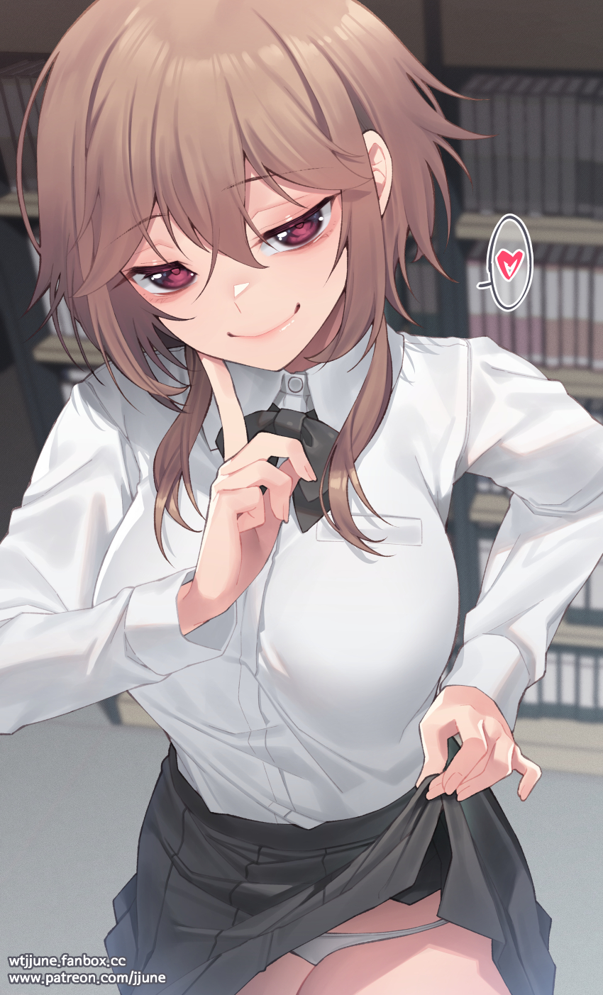1girl black_neckwear black_skirt bow bowtie breasts brown_hair closed_mouth clothes_lift collared_shirt eyebrows_visible_through_hair fanbox_username hair_between_eyes heart highres index_finger_raised jjune lifted_by_self long_sleeves looking_at_viewer medium_breasts medium_hair original panties patreon_username red_eyes shirt skirt skirt_lift smile solo spoken_heart thighs underwear white_panties white_shirt