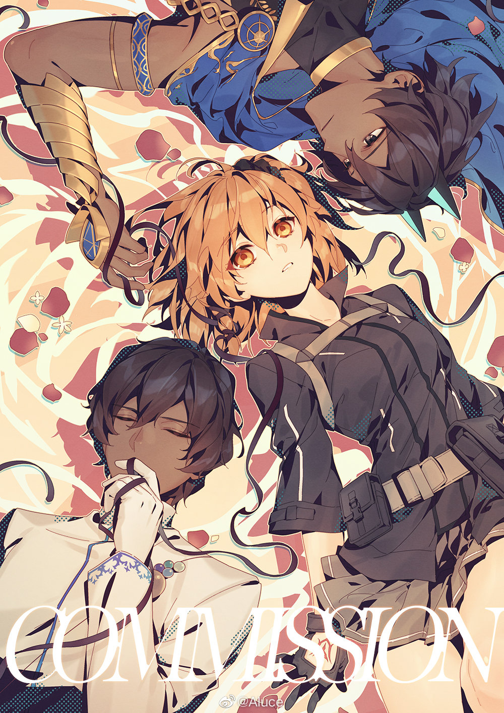 1girl 2boys aluce arjuna_(fate) arjuna_alter_(fate) artist_name bangs black_gloves black_hair closed_eyes dark-skinned_male dark_skin fate/grand_order fate_(series) flower fujimaru_ritsuka_(female) gloves gold hair_between_eyes highres holding_tie jacket jewelry looking_at_another looking_up lying multiple_boys on_back on_side open_mouth orange_eyes orange_hair shiny shiny_clothes shiny_hair short_hair signature smile triangle white_gloves yellow_eyes