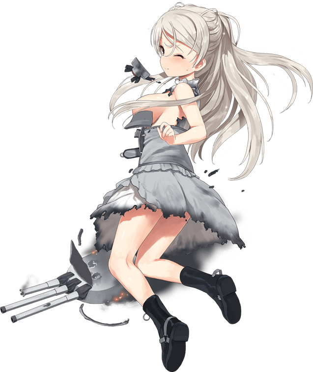 1girl black_footwear blush boots breasts brown_eyes conte_di_cavour_(kancolle) dress full_body grey_hair high_heel_boots high_heels jiji kantai_collection large_breasts long_hair machinery official_art one_eye_closed open_mouth remodel_(kantai_collection) rigging smoke solo torn_clothes torn_dress transparent_background turret white_dress