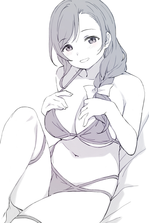 1girl bikini bow braid braided_ponytail breasts deyuuku eyebrows_visible_through_hair greyscale hair_bow large_breasts long_hair looking_at_viewer love_live! love_live!_school_idol_project monochrome navel single_braid sitting solo swimsuit toujou_nozomi