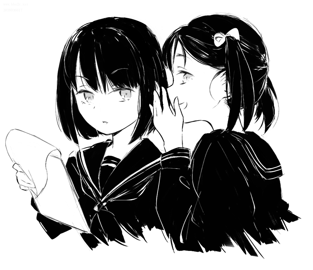 2girls :d bangs black_hair black_neckwear black_sailor_collar black_serafuku bob_cut bow commentary cropped_torso greyscale hair_bow holding holding_notepad krita_(medium) long_sleeves looking_at_viewer looking_to_the_side monochrome multiple_girls notepad open_mouth original parted_lips portrait sailor_collar school_uniform serafuku short_hair short_twintails simple_background smile tomato_(potato) twintails whispering white_background