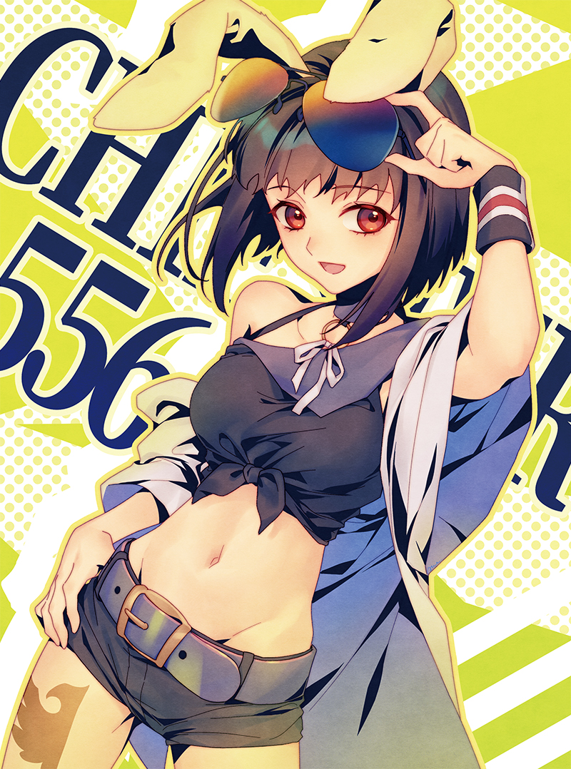 1girl aluce animal_ears bare_shoulders belly belt black_hair black_shorts chiester556 glowing hand_on_eyewear hand_on_hip happy looking_at_viewer looking_to_the_side navel necktie open_mouth rabbit_ears red_eyes short_hair shorts smile solo standing sunglasses sweatband tattoo umineko_no_naku_koro_ni yellow_background