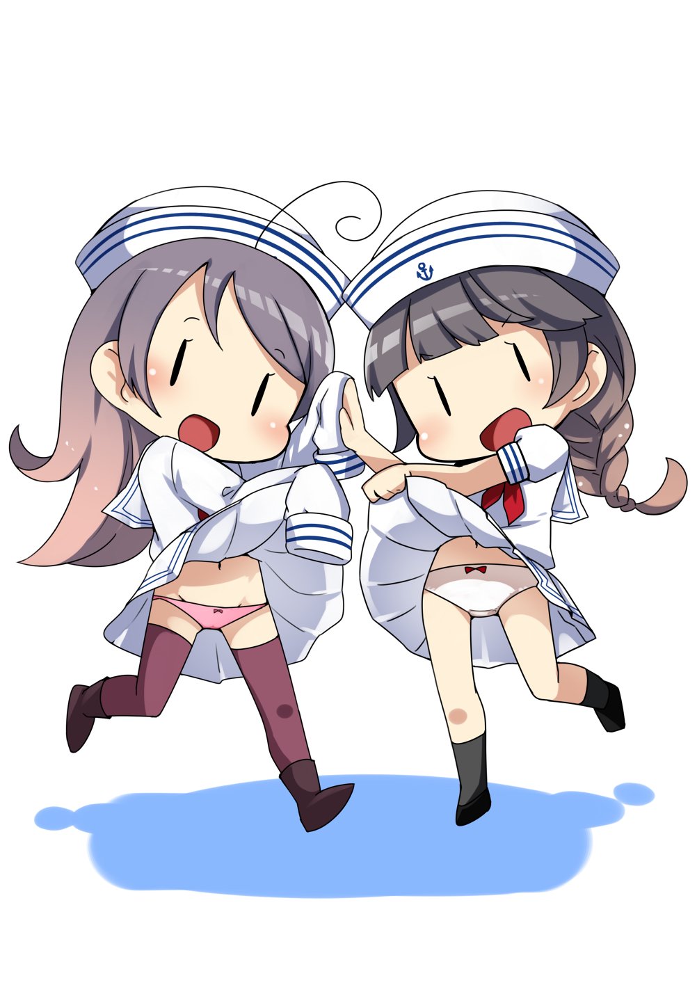 2girls 61cm_triple_(oxygen)_torpedo_mount anchor_symbol braid brown_hair clothes_lift commentary_request dixie_cup_hat dress dress_lift fairy_(kancolle) full_body gradient_hair hat highres kantai_collection kneehighs military_hat multicolored_hair multiple_girls nassukun open_mouth panties pink_panties purple_hair purple_legwear single_braid sleeves_past_fingers sleeves_past_wrists thigh-highs underwear white_dress white_headwear white_panties