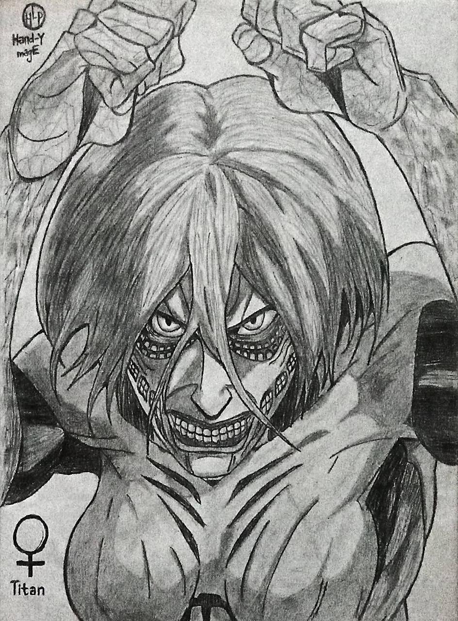 annie_leonhardt artist_logo bangs breasts drawing face female_titan grimace handy-y-mage highres holding_hands looking_at_viewer monochrome muscular self_upload shading shingeki_no_kyojin short_hair teeth upper_body