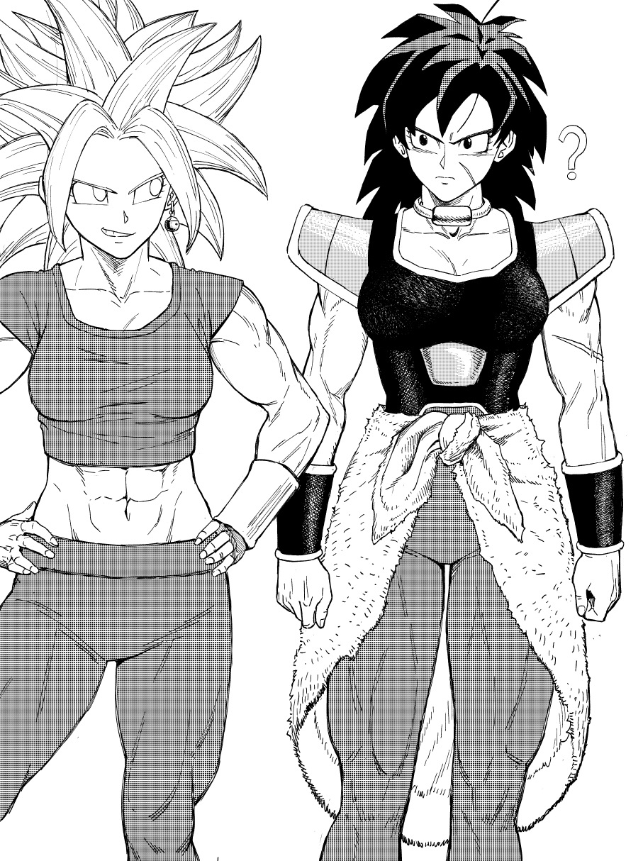 2girls ? abs armor bracer breasts character_request closed_mouth copyright_request dragon_ball earrings greyscale grin hands_on_hips highres jewelry long_hair looking_at_another looking_to_the_side medium_breasts monochrome multiple_girls muscular muscular_female pants pauldrons potara_earrings saiyan_armor sanpaku scar scar_on_cheek scar_on_face shoulder_armor simple_background smile spiky_hair standing super_saiyan waist_cape white_background y_naf