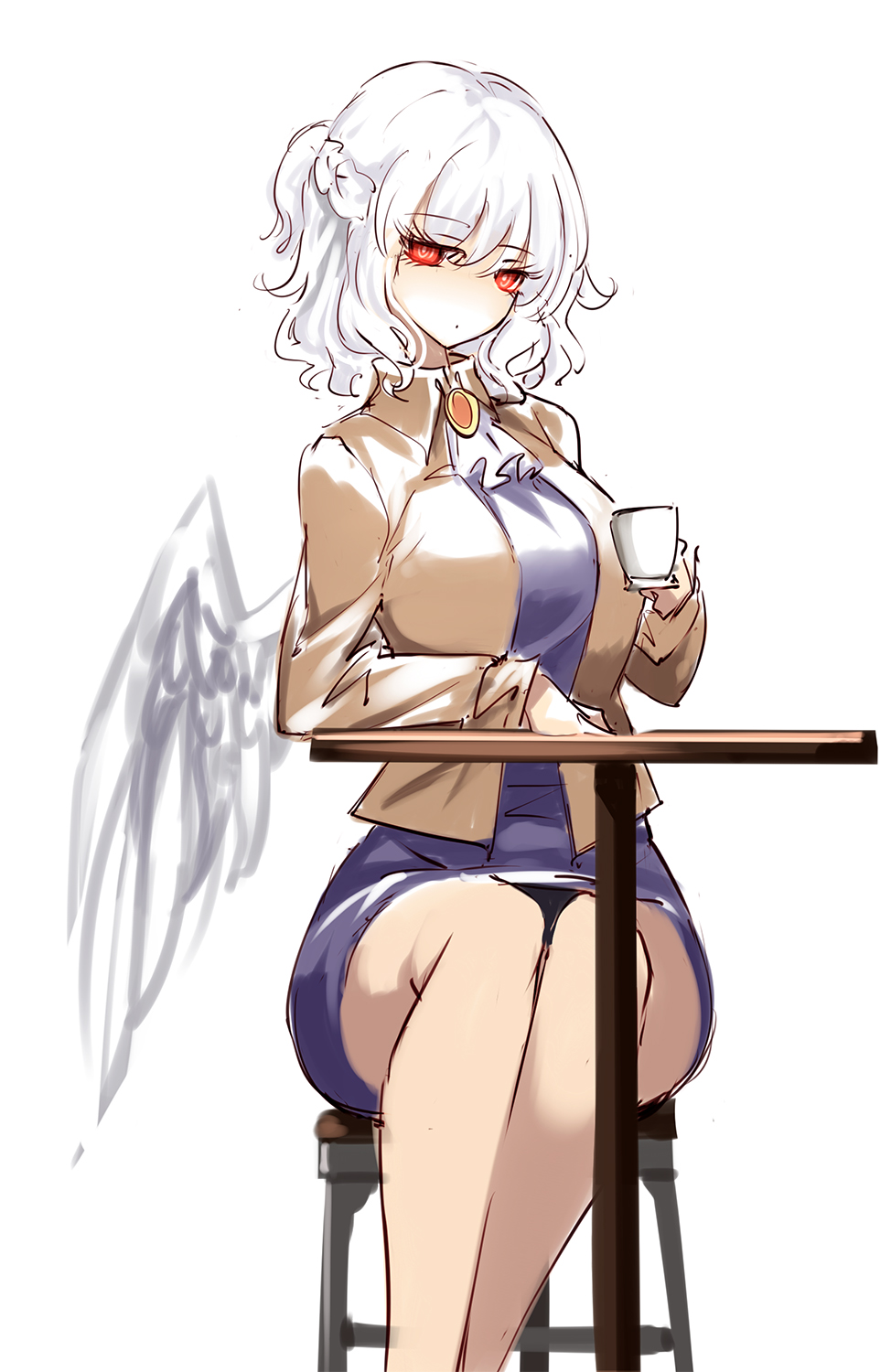 1girl braid chair cup eyebrows_visible_through_hair feathered_wings highres holding holding_cup jacket kishin_sagume long_sleeves purple_skirt raptor7 red_eyes short_hair simple_background single_wing sitting skirt solo touhou white_background white_hair white_jacket wings