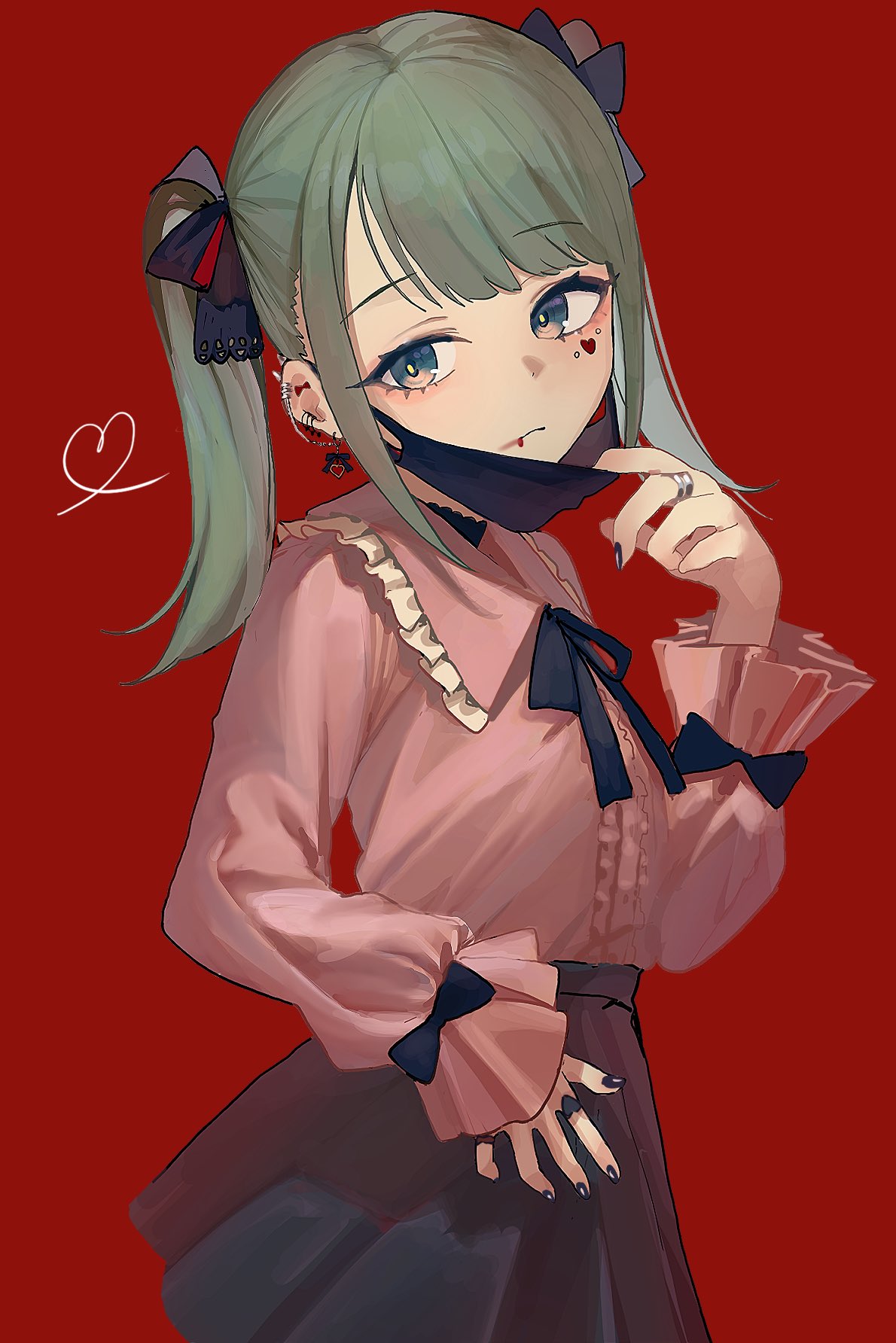 1girl bangs black_bow black_nails black_skirt blood blood_from_mouth bow closed_mouth collared_shirt commentary dress_shirt ear_piercing earrings eyebrows_visible_through_hair frilled_shirt_collar frills green_hair grey_eyes hair_bow hand_up hatsune_miku heart highres jewelry long_sleeves looking_at_viewer mask mask_pull mouth_mask nail_polish piercing pink_shirt pleated_skirt puffy_long_sleeves puffy_sleeves red_background shirt simple_background skirt sleeves_past_wrists solo suketoudara_(artist) twintails vampire_(vocaloid) vocaloid