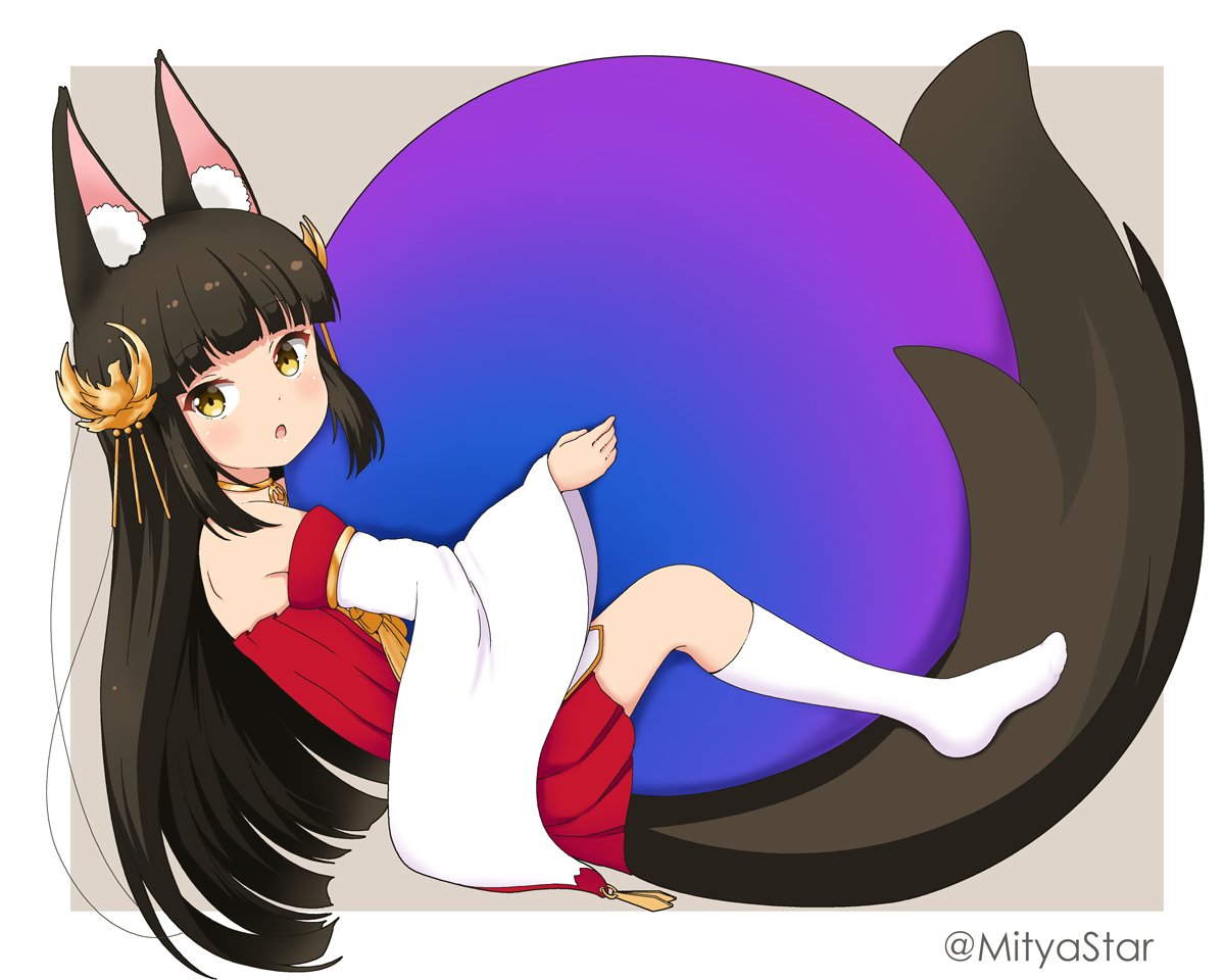 1girl animal_ears azur_lane ball bangs bare_shoulders black_hair blunt_bangs collarbone commentary_request detached_sleeves dress eyebrows_visible_through_hair firefox fox_ears fox_girl fox_tail full_body hair_ornament hug jewelry kneehighs logo logo_parody long_hair looking_at_viewer miicha nagato_(azur_lane) necklace parody parted_lips red_dress sidelocks simple_background solo tail twitter_username two-tone_background white_legwear wide_sleeves yellow_eyes