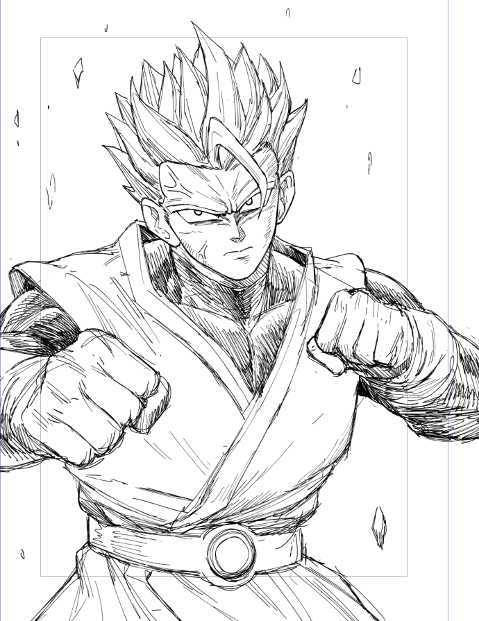 1boy belt clenched_hands closed_mouth commentary dragon_ball dragon_ball_z english_commentary fighting_stance greyscale looking_at_viewer male_focus monochrome solo son_gohan spiky_hair super_saiyan vest y_naf