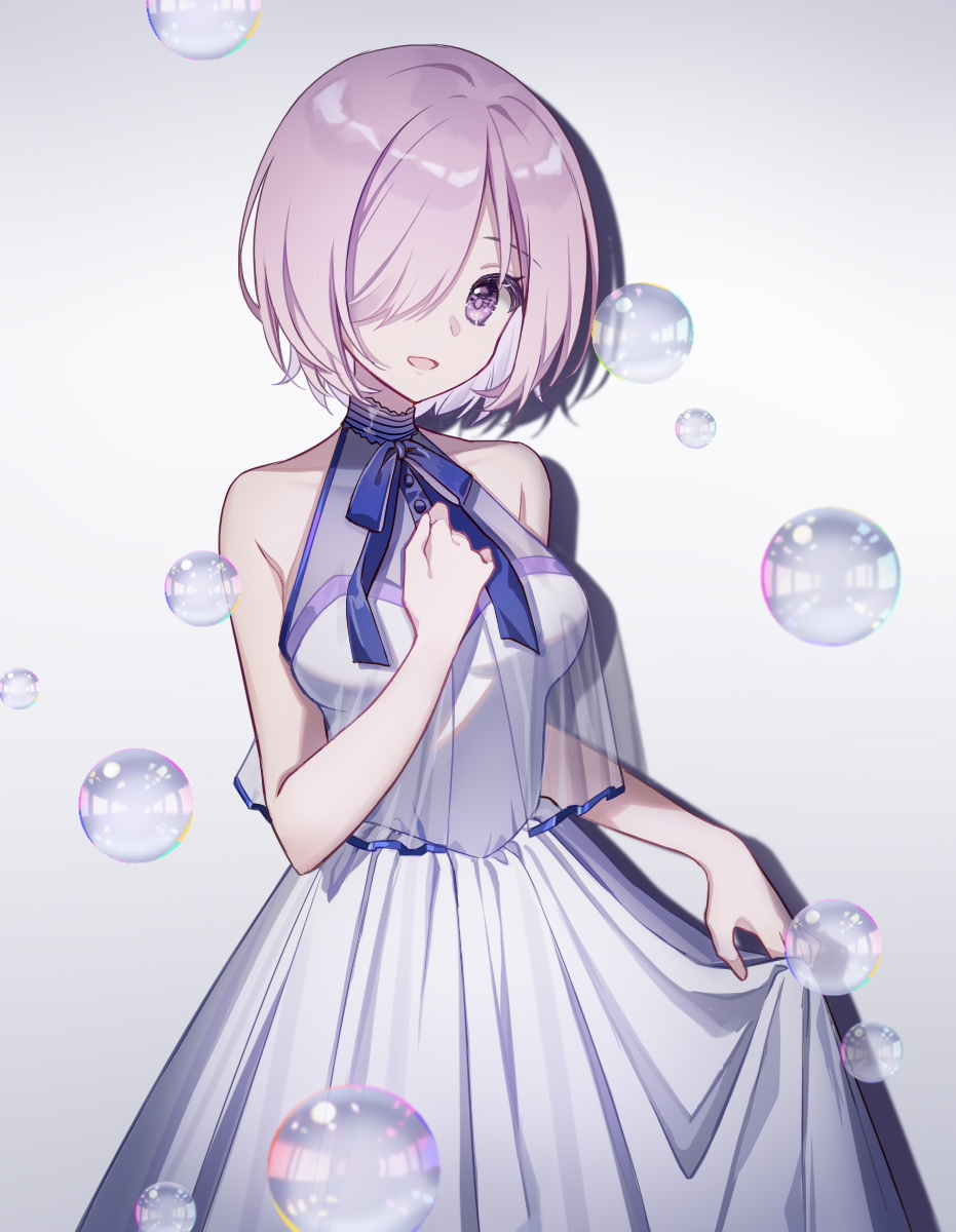1girl :d bare_arms bare_shoulders breasts cowboy_shot dress eyebrows_visible_through_hair fate/grand_order fate_(series) hair_over_one_eye hand_on_own_chest highres mash_kyrielight medium_breasts neck_ribbon open_mouth pink_hair purple_neckwear purple_ribbon ribbon see-through short_hair simple_background skirt_hold sleeveless sleeveless_dress smile soap_bubbles solo violet_eyes white_background white_dress zhi_(yammycheese)
