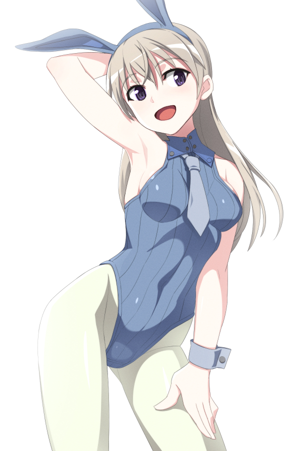 1girl animal_ears arm_behind_head armpits blonde_hair blue_neckwear breasts brown_eyes contrapposto covered_nipples eila_ilmatar_juutilainen hand_on_own_thigh leotard long_hair looking_at_viewer medium_breasts nanashino necktie rabbit_ears sidelocks smile solo strike_witches white_background world_witches_series wrist_cuffs