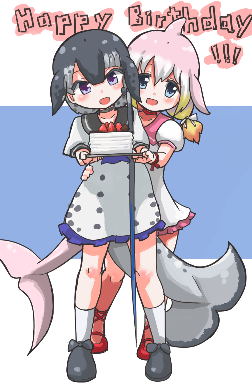 birthday_cake black_footwear blonde_hair blowhole blue_eyes blush cake chinese_white_dolphin_(kemono_friends) commentary_request dolphin_girl dolphin_tail dorsal_fin dress flats food frilled_dress frills grey_eyes grey_hair hane_(kirschbaum) happy_birthday highres kemono_friends multicolored_hair narwhal_(kemono_friends) orange_hair puffy_short_sleeves puffy_sleeves red_footwear sailor_collar sailor_dress short_hair short_hair_with_long_locks short_sleeves short_twintails sidelocks smile socks tail twintails white_hair white_legwear