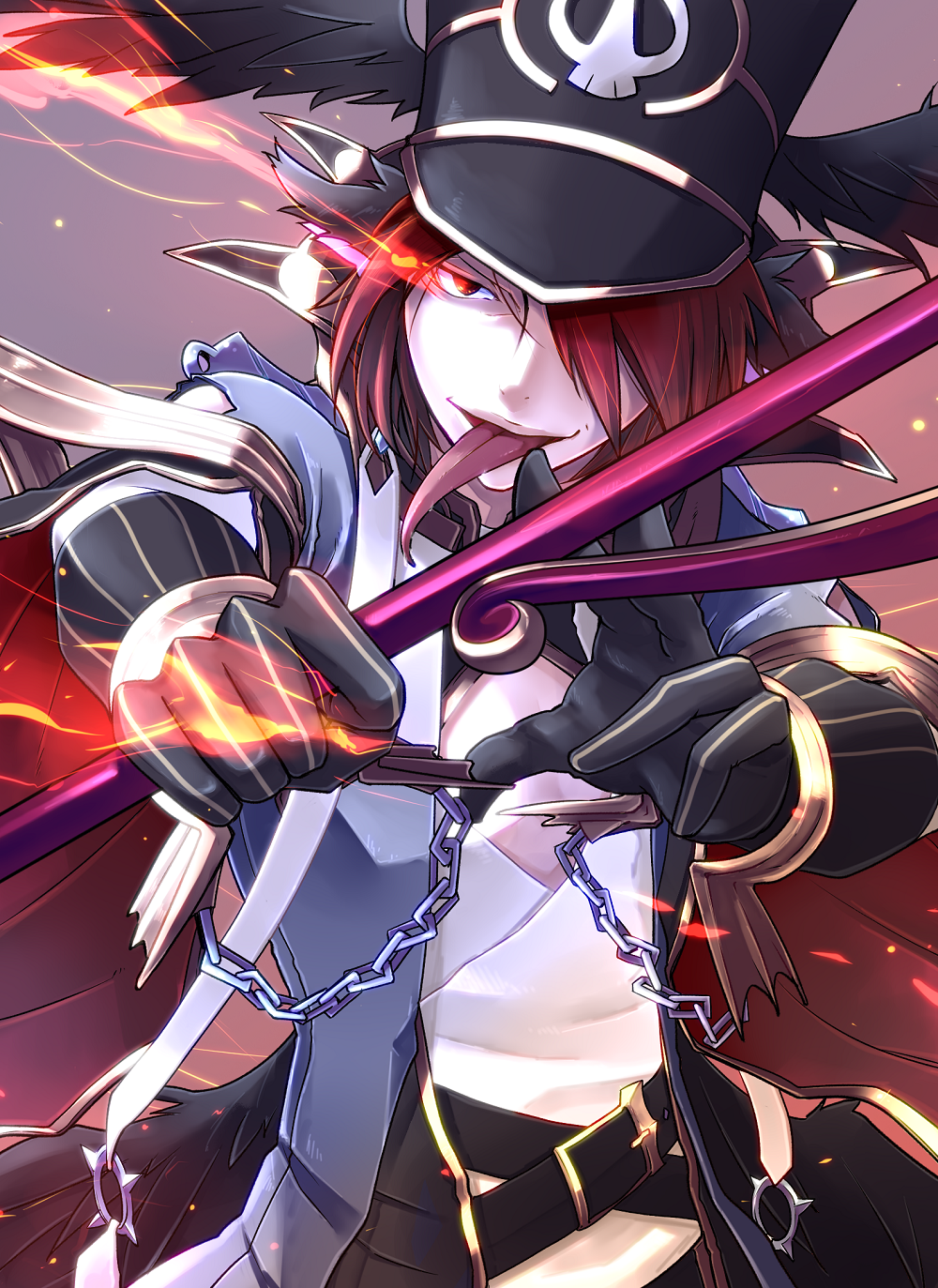 1boy bangs black_gloves black_headwear black_wings chain coat commentary_request feathered_wings gloves grey_coat hair_between_eyes hair_over_one_eye hat highres holding holding_staff long_tongue looking_at_viewer mit_(necomit) open_mouth ragnarok_online red_eyes redhead shako_cap shirt short_hair solo staff tongue upper_body warlock_(ragnarok_online) white_shirt winged_hat wings