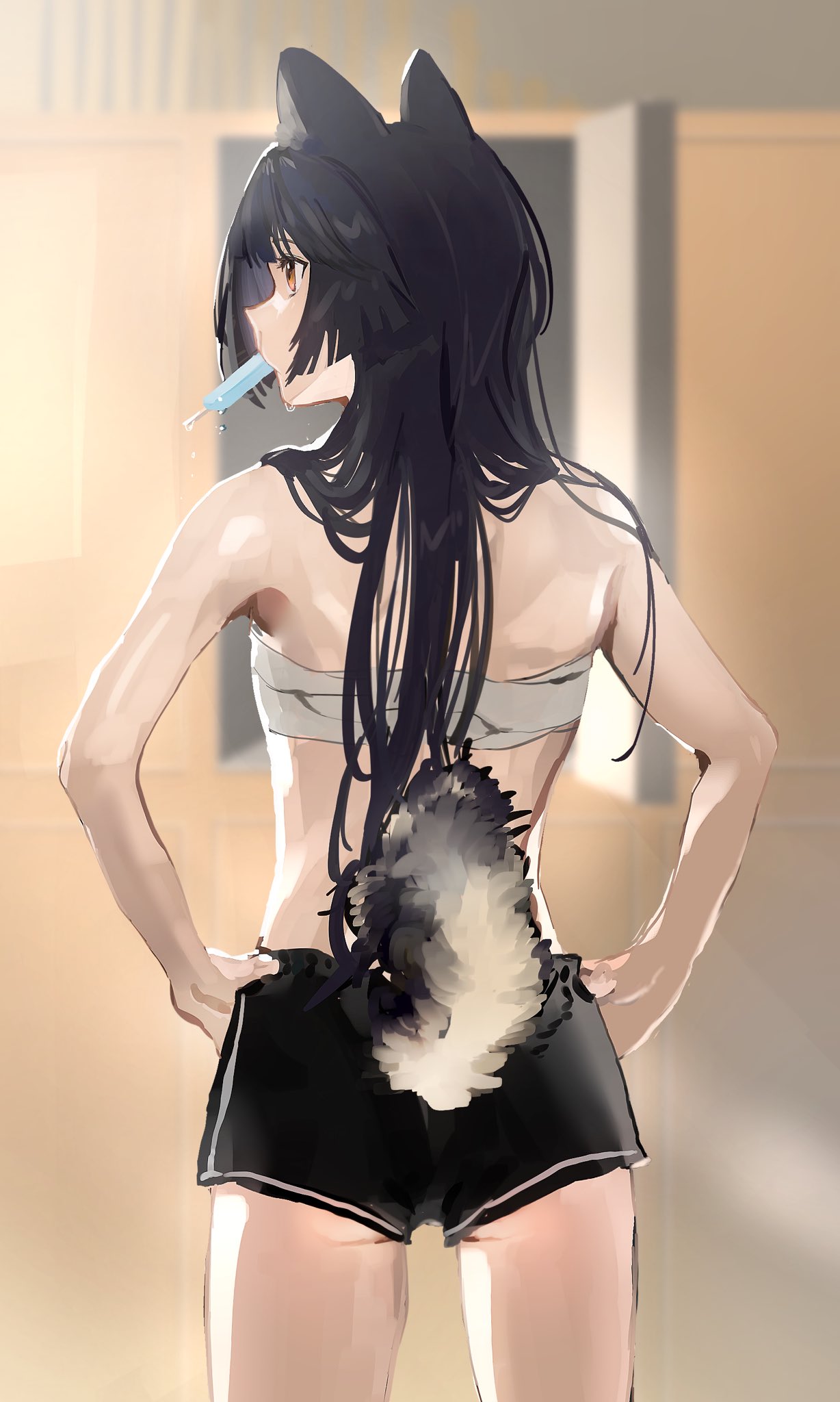 1girl animal_ears arknights bare_arms black_hair black_shorts blurry blurry_background commentary_request cowboy_shot dog_ears dog_girl dog_tail food food_in_mouth from_behind hands_on_hips highres indoors long_hair nanaponi orange_eyes popsicle profile saga_(arknights) sarashi shorts solo sweat tail