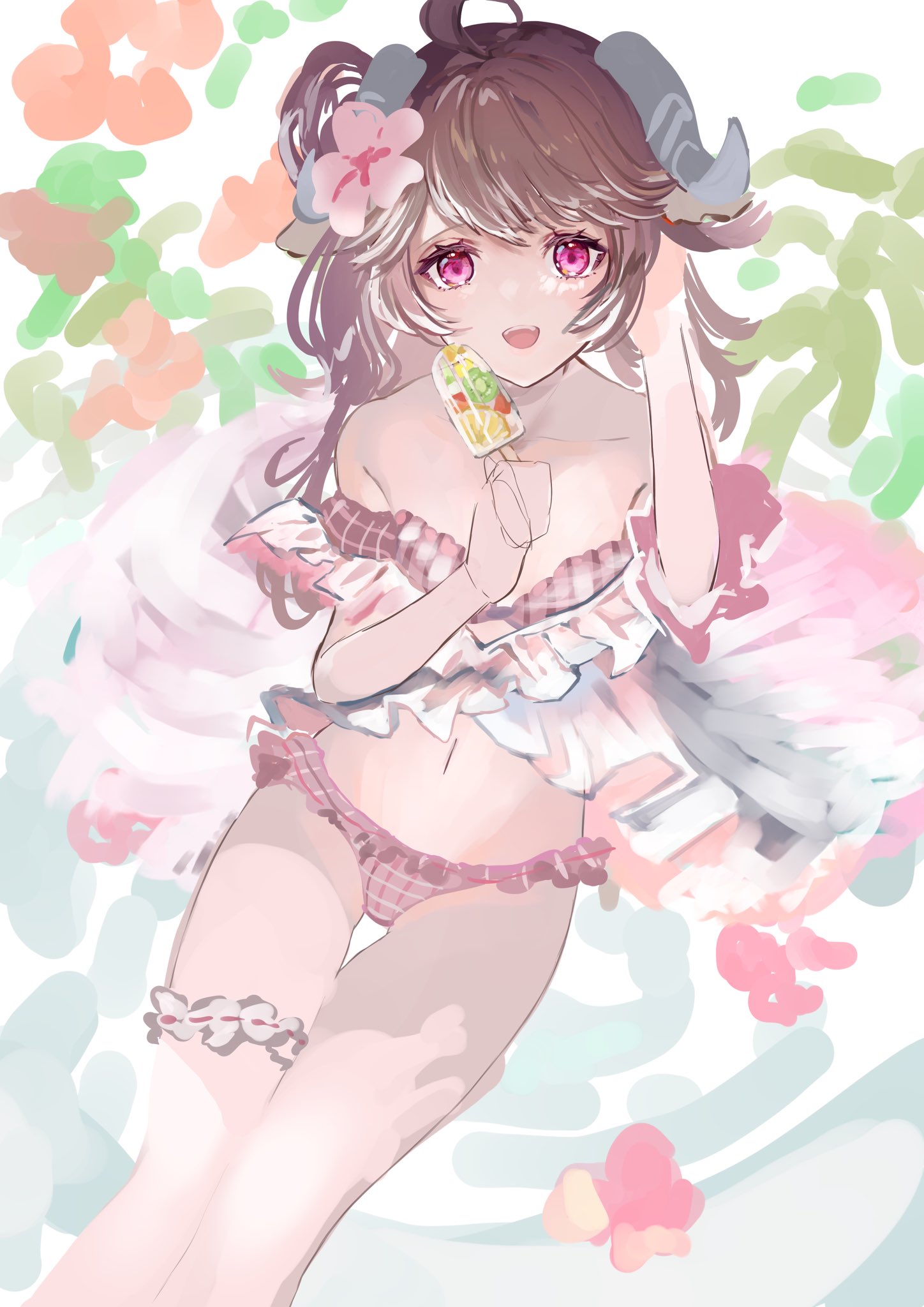 1girl arknights bare_legs bare_shoulders bikini brown_hair collarbone commentary_request eyjafjalla_(arknights) eyjafjalla_(summer_flowers)_(arknights) feet_out_of_frame flower food from_above goat_horns hair_flower hair_ornament highres holding holding_food horns long_hair looking_at_viewer nanaponi off-shoulder_bikini off_shoulder official_alternate_costume open_mouth pink_bikini pink_eyes pink_flower popsicle ribbon smile solo swimsuit thigh_ribbon unfinished upper_teeth