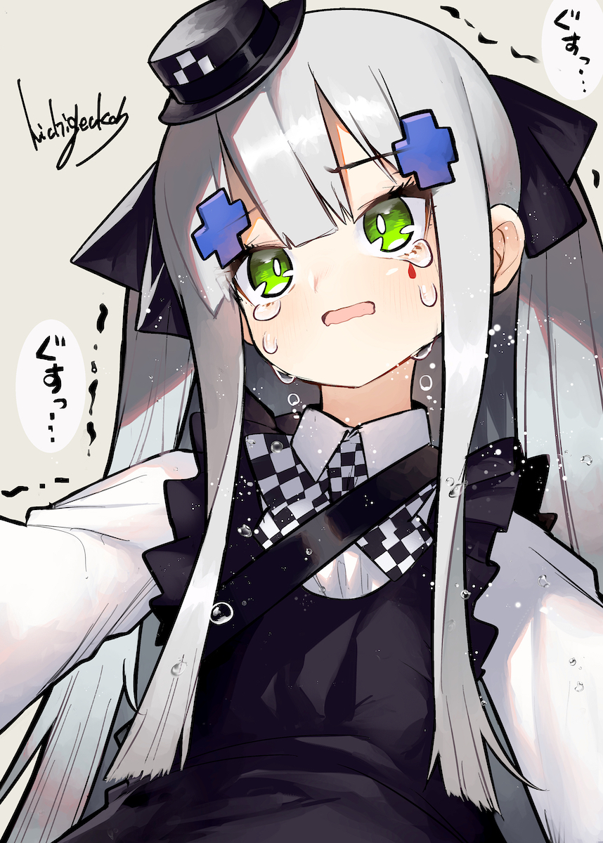 1girl apron bangs black_apron checkered checkered_neckwear collared_shirt commentary_request crying crying_with_eyes_open facial_mark frilled_apron frills girls_frontline green_eyes hair_ornament hat highres hk416_(girls_frontline) long_hair long_sleeves mini_hat nichigeckoh official_alternate_costume open_mouth shirt sidelocks signature silver_hair solo tears translation_request upper_body wavy_mouth white_shirt younger