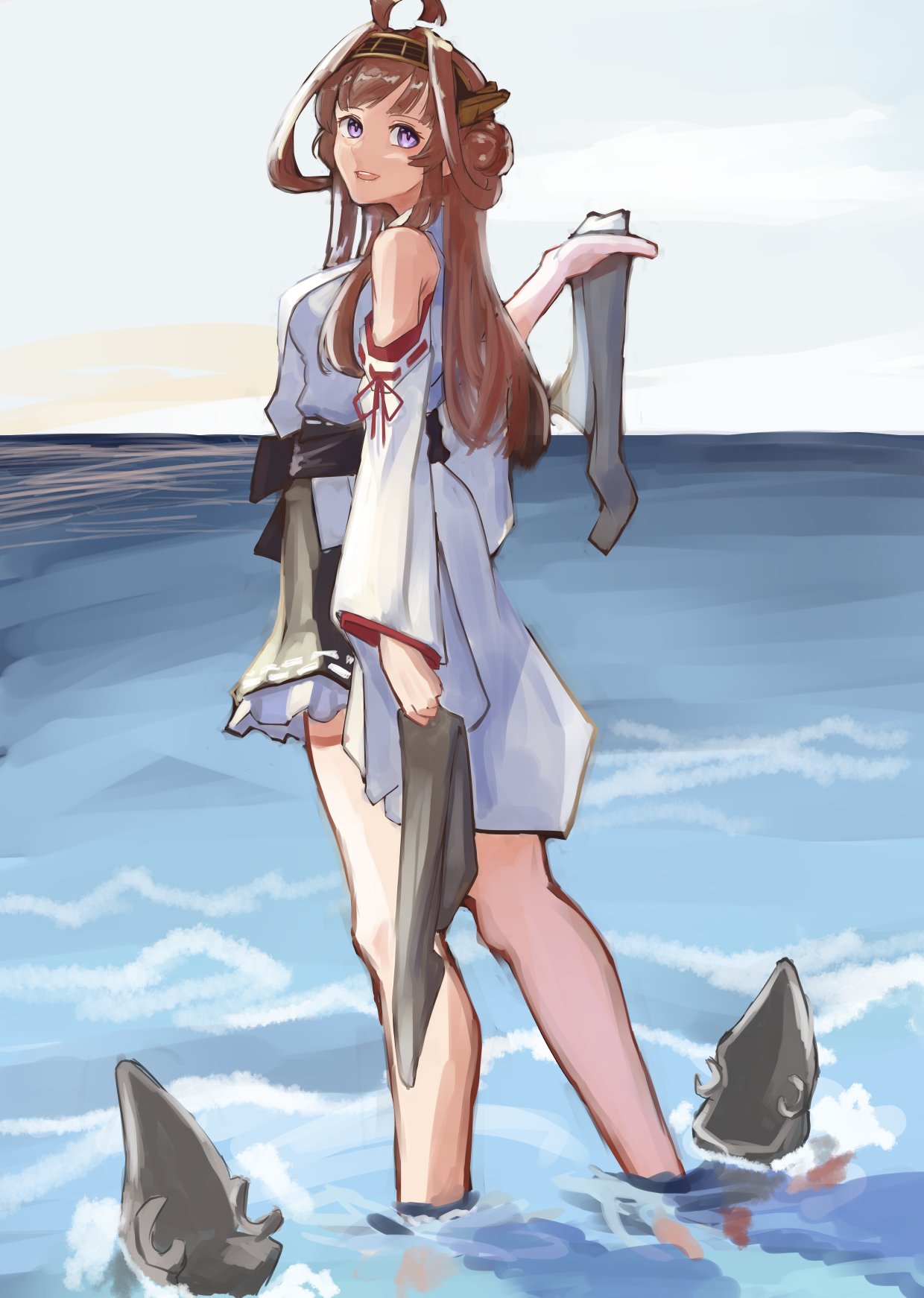 1girl ahoge blue_sky brown_hair clouds commentary_request day detached_sleeves double_bun frilled_skirt frills hairband headgear highres horizon japanese_clothes kantai_collection kongou_(kancolle) legwear_removed long_hair ocean outdoors panda_(heart_sink) ribbon-trimmed_sleeves ribbon_trim skirt sky solo wading walking water