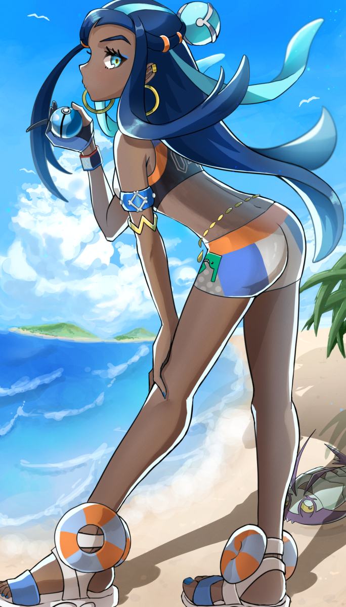 1girl armband ass beach bent_over bikini bikini_shorts bird blue_eyes blue_hair blue_nails blue_sky clouds dark-skinned_female dark_skin dive_ball dynamax_band floating_hair from_side full_body gen_7_pokemon gloves hair_ornament hand_on_own_knee highres holding holding_poke_ball leaning_forward light_blue_hair long_hair multicolored_hair nessa_(pokemon) poke_ball pokemon pokemon_(creature) pokemon_(game) pokemon_swsh profile sand sandals setta_shu shadow shorts single_glove sky solo streaked_hair swimsuit tan water wimpod