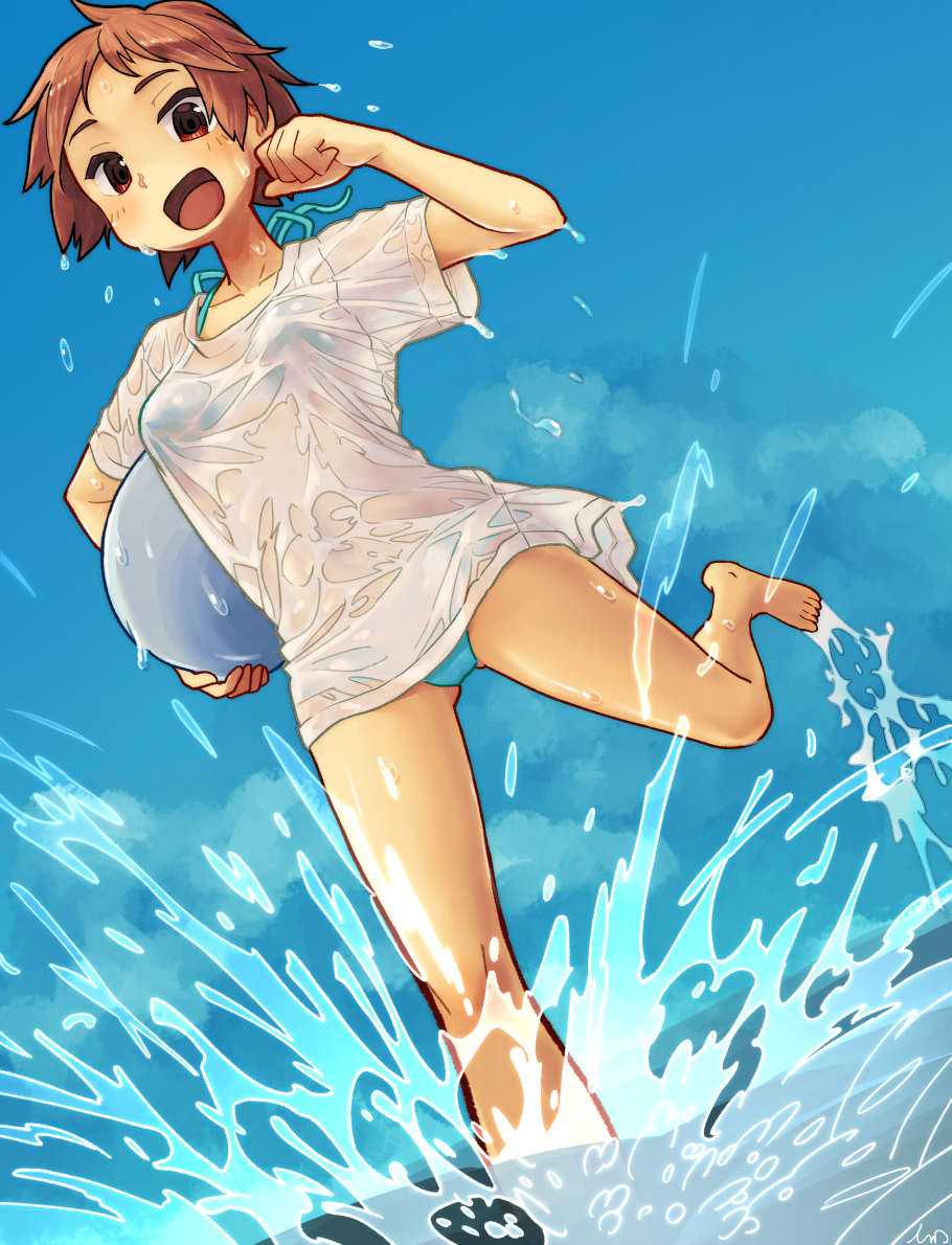 1girl :d ball barefoot beach bikini blue_bikini blue_sky blush brown_eyes brown_hair clouds commentary dutch_angle english_commentary foreshortening halterneck holding holding_ball looking_at_viewer looking_down ocean open_mouth original running see-through shirt short_hair sky smile solo splashing swimsuit t-shirt tessaku_ro very_short_hair wading water water_drop wet wet_clothes wet_shirt