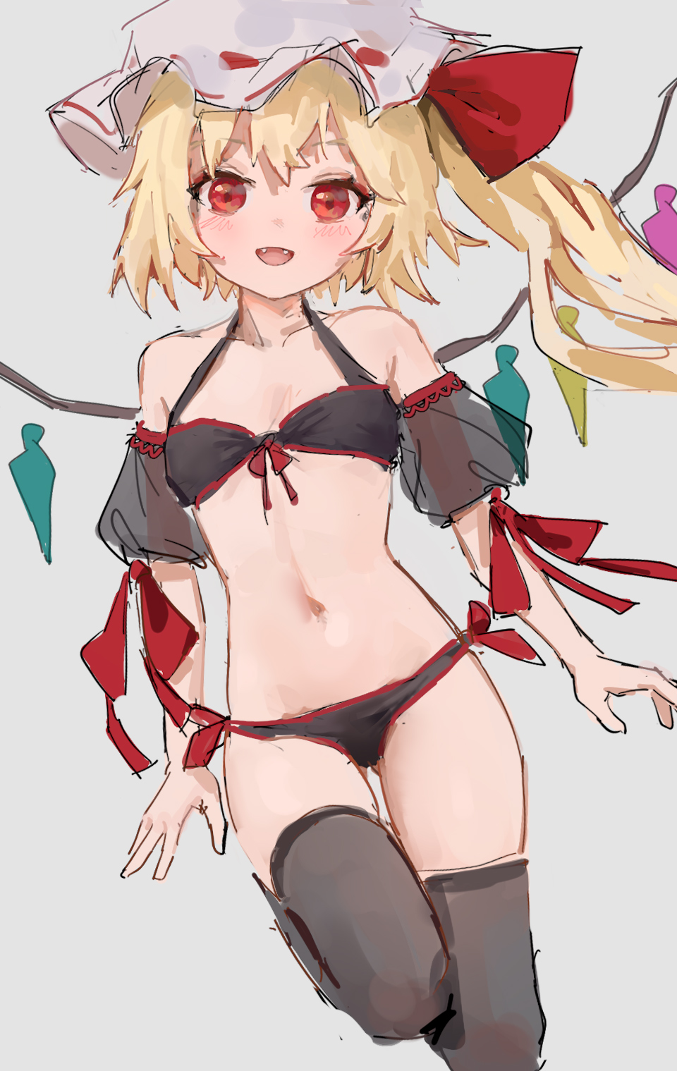 1girl bangs bikini black_bikini black_legwear blonde_hair blush bow breasts collarbone crystal detached_sleeves fangs flandre_scarlet front-tie_bra hat highres looking_at_viewer mob_cap navel one_side_up open_mouth panties puffy_short_sleeves puffy_sleeves red_bow red_eyes red_ribbon reddizen ribbon short_hair short_sleeves side-tie_panties simple_background sketch small_breasts smile solo swimsuit thigh-highs touhou underwear wings