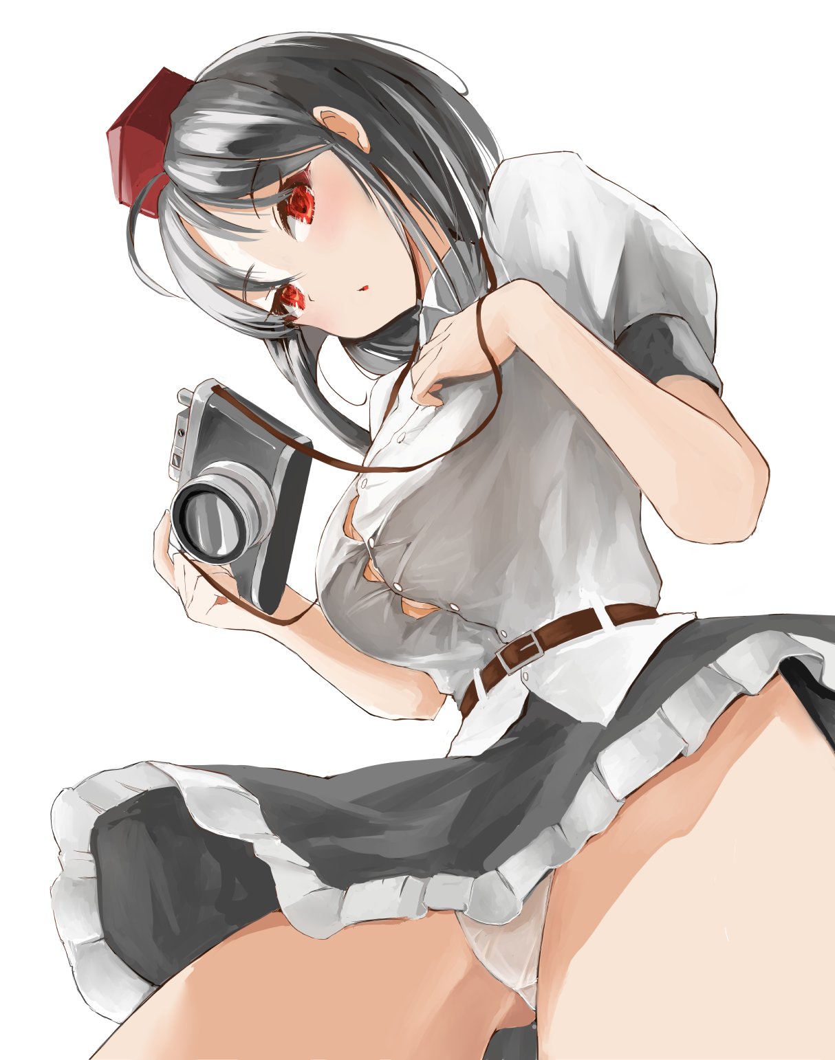 1girl ahoge ass_visible_through_thighs bangs belt black_hair black_skirt blush breasts brown_belt bursting_breasts camera commentary_request contrapposto eyebrows_visible_through_hair from_below hand_on_own_chest hat highres holding holding_camera large_breasts looking_at_viewer medium_hair parted_lips petticoat puffy_short_sleeves puffy_sleeves red_eyes red_headwear shameimaru_aya shirt short_sleeves simple_background skirt solo thighs tokin_hat touhou upskirt white_background white_shirt wing_collar yamabukiiro_(browncat)