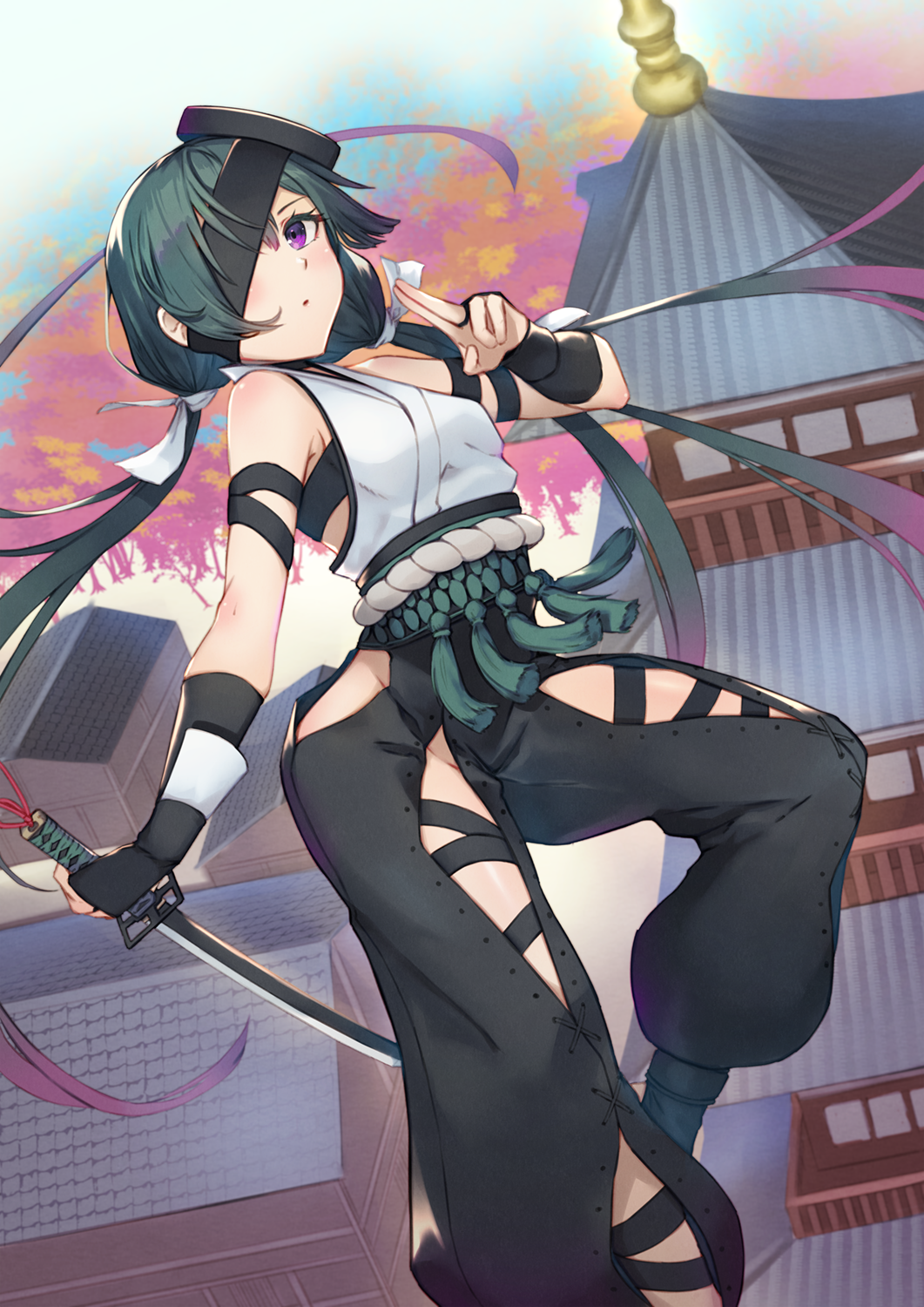 1girl architecture black_hakama breasts building east_asian_architecture eyepatch fate/grand_order fate_(series) gradient_hair green_hair hakama hakama_pants highres hip_vent holding holding_sword holding_weapon japanese_clothes long_hair low_twintails mochizuki_chiyome_(fate) multicolored_hair nakaga_eri pants purple_hair short_sword sleeveless small_breasts solo sword twintails very_long_hair violet_eyes wakizashi weapon