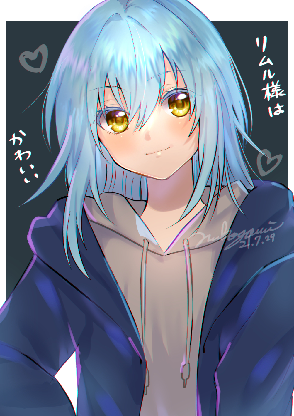 1other androgynous bangs black_background black_coat blue_hair blush border closed_mouth coat colored_eyelashes dated eyebrows_visible_through_hair grey_sweater hair_between_eyes highres hood hooded_sweater long_hair looking_at_viewer nukogami_(minniecatlove21) open_clothes open_coat rimuru_tempest shiny shiny_hair signature smile straight_hair sweater tensei_shitara_slime_datta_ken upper_body white_border yellow_eyes
