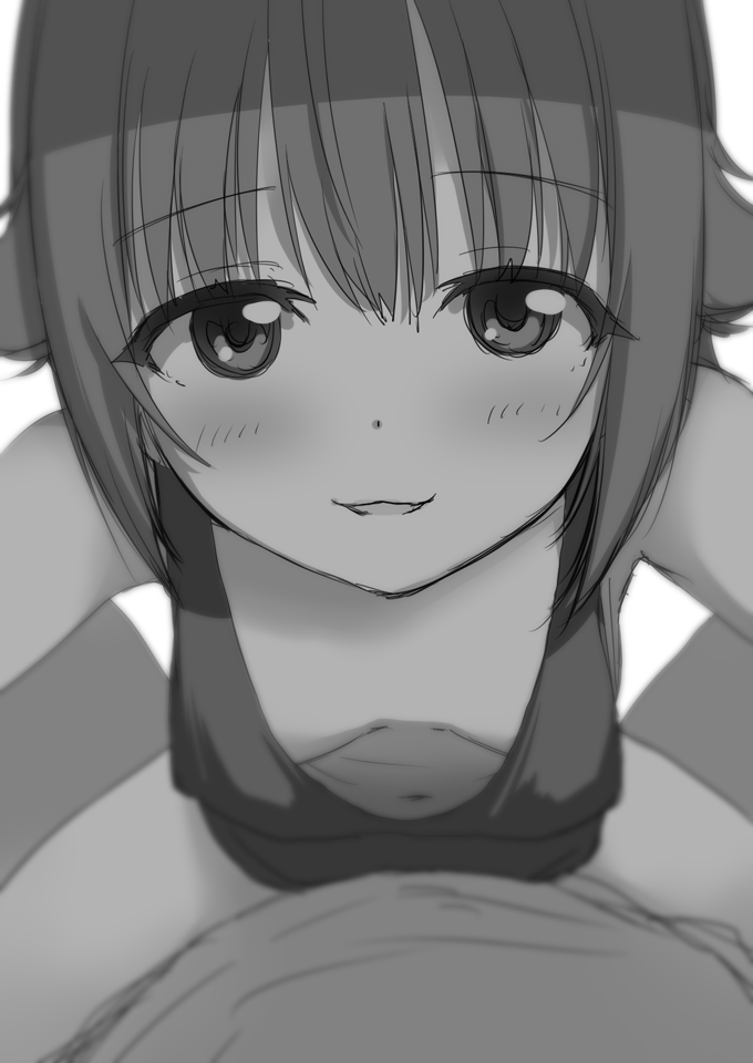 1boy 1girl :3 blurry depth_of_field downblouse greyscale idolmaster idolmaster_cinderella_girls koshimizu_sachiko looking_at_viewer monochrome navel pov sakaki_imasato short_hair straddling upright_straddle