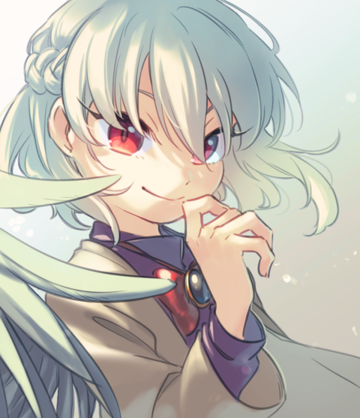 1girl bangs beige_jacket bow bowtie braid brooch closed_mouth crown_braid feathered_wings grey_background grey_hair grey_wings hand_up jewelry kishin_sagume long_sleeves purple_shirt red_eyes red_neckwear shirt short_hair single_wing smile solo touhou ukata upper_body wind wings