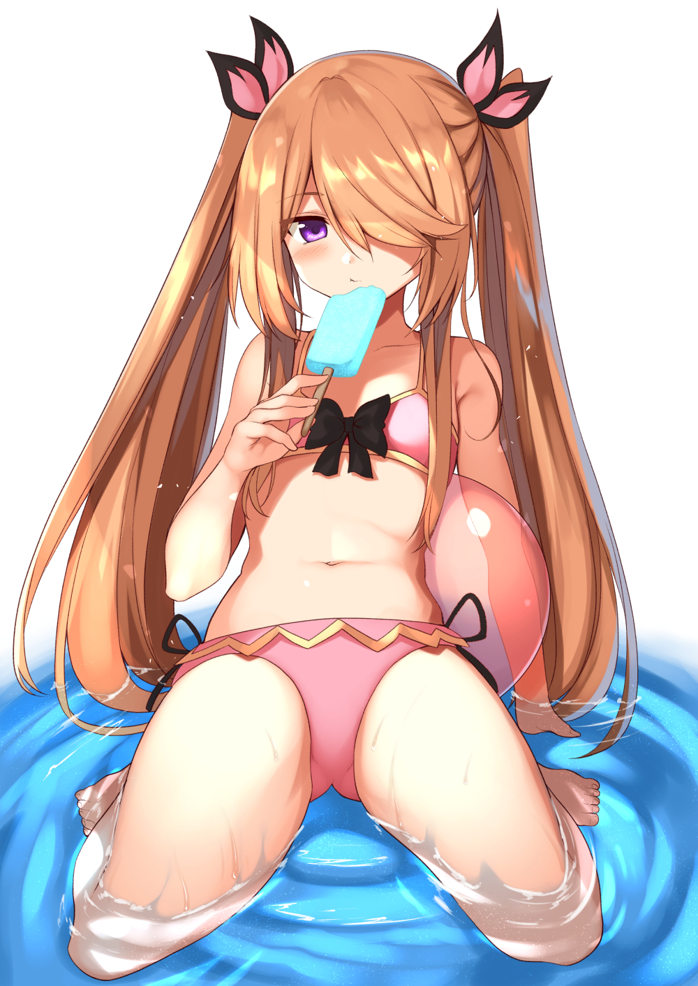 1girl ball bare_shoulders beachball bikini black_bow blonde_hair bow food hair_over_one_eye hair_ribbon highres holding long_hair looking_at_viewer mahcdai navel original pink_bikini popsicle ribbon rum_ialis simple_background sitting solo stomach string_bikini swimsuit thighs twintails very_long_hair violet_eyes wariza water wet white_background