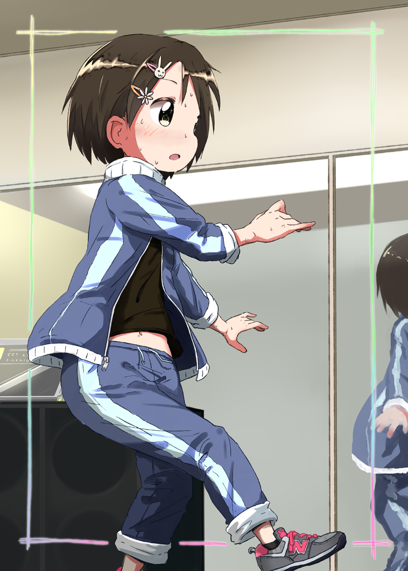 1girl ashida_ichirou black_shirt blush brown_eyes brown_hair bunny_hair_ornament exercise grey_footwear hair_ornament hairclip idolmaster idolmaster_cinderella_girls jacket leg_up midriff_peek mirror navel open_clothes open_jacket open_mouth outstretched_arms pants pants_rolled_up pink_footwear sasaki_chie shirt shoes short_hair sleeves_rolled_up sneakers solo sweat track_suit