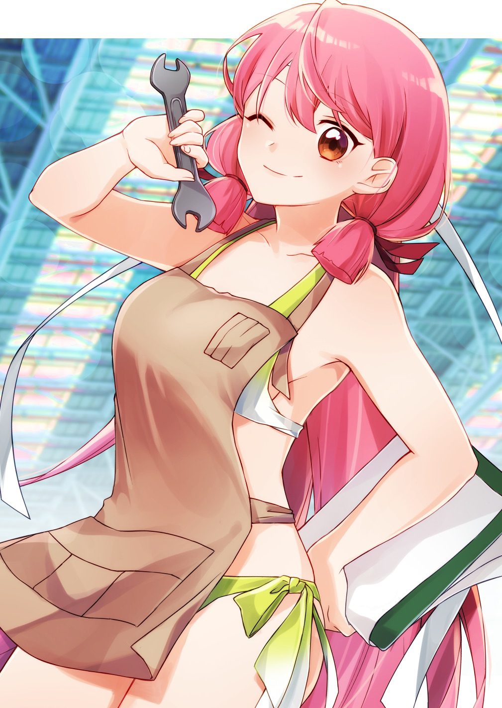 1girl akashi_(kancolle) apron bandana blunt_tresses cowboy_shot hair_ribbon highres kantai_collection long_hair looking_at_viewer orange_eyes pink_hair ribbon sashimi_(hitocelll) smile solo swimsuit tress_ribbon wrench