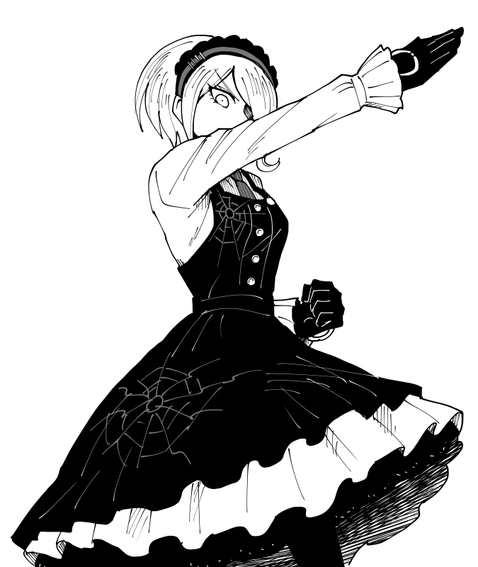 1girl bangs breasts clenched_hand commentary_request dangan_ronpa_(series) dangan_ronpa_v3:_killing_harmony dress eyebrows_visible_through_hair frilled_hairband frills from_below gloves greyscale hair_over_one_eye hairband long_sleeves looking_at_viewer maid_headdress medium_breasts monochrome namu_(nurui_cha) necktie outstretched_arm shirt short_hair simple_background solo spider_web_print toujou_kirumi v-shaped_eyebrows white_background