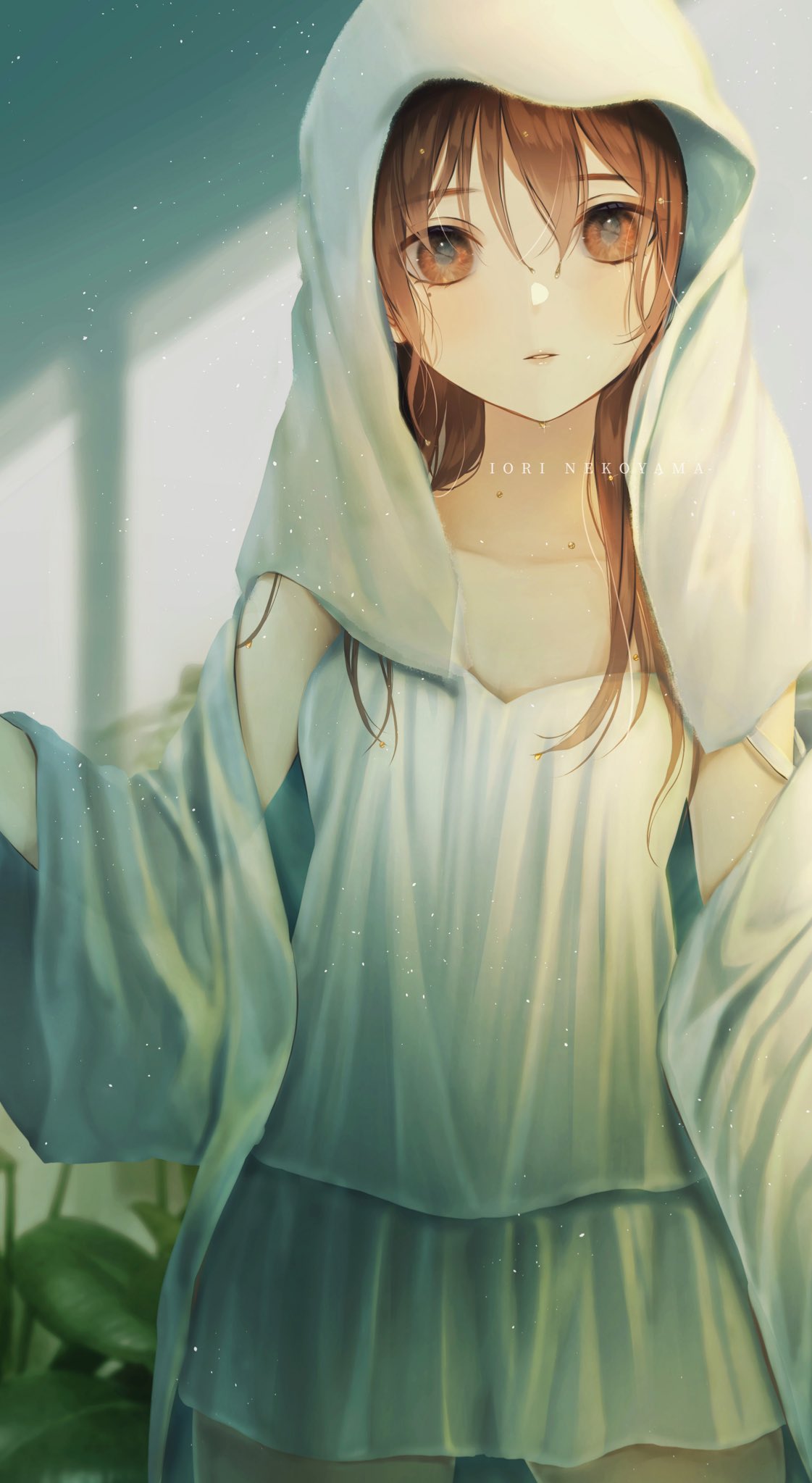 1girl artist_name bangs blush brown_eyes brown_hair camisole collarbone dress gown highres long_hair looking_at_viewer nekoyama_iori original parted_lips plant shorts solo standing towel towel_on_head white_camisole white_shorts white_towel