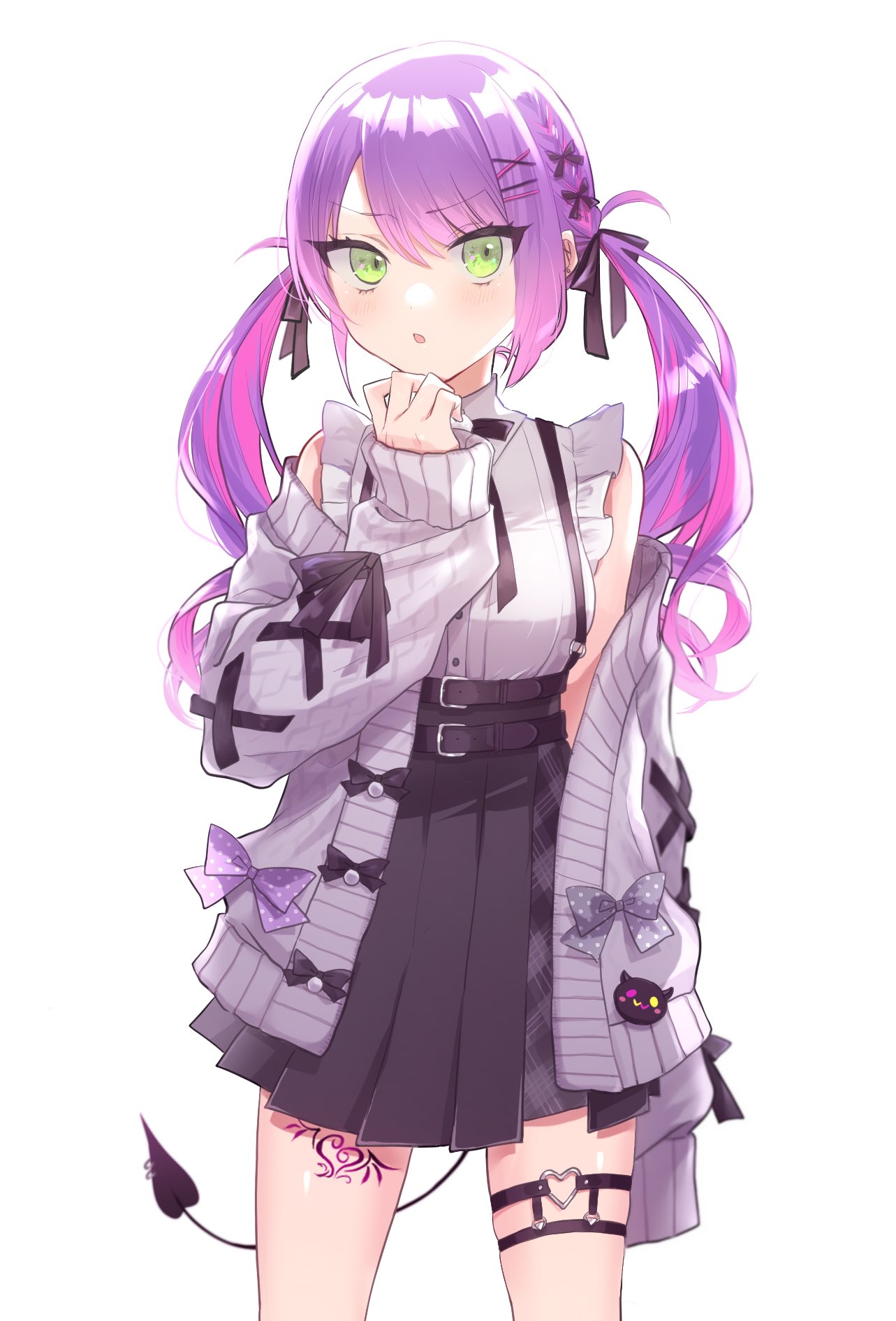 1girl :o blush bow breasts cardigan chamu_(zari_gani3) collared_shirt frilled_shirt frills green_eyes grey_bow grey_cardigan highres hololive medium_breasts open_mouth purple_bow purple_hair shirt sleeveless sleeveless_shirt sleeves_past_fingers sleeves_past_wrists solo suspenders tail thigh_strap thigh_tattoo tokoyami_towa twintails virtual_youtuber white_shirt