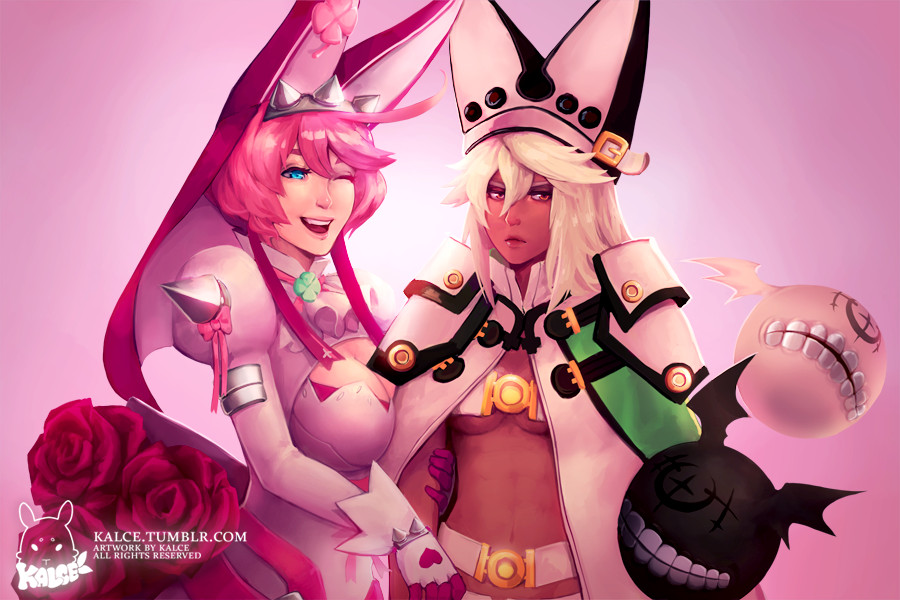 2girls black_hair blonde_hair dark-skinned_female dark_skin dress elphelt_valentine fake_tail guilty_gear guilty_gear_xrd hat headband multiple_girls pale_skin pink_hair ramlethal_valentine short_hair siblings sisters tail