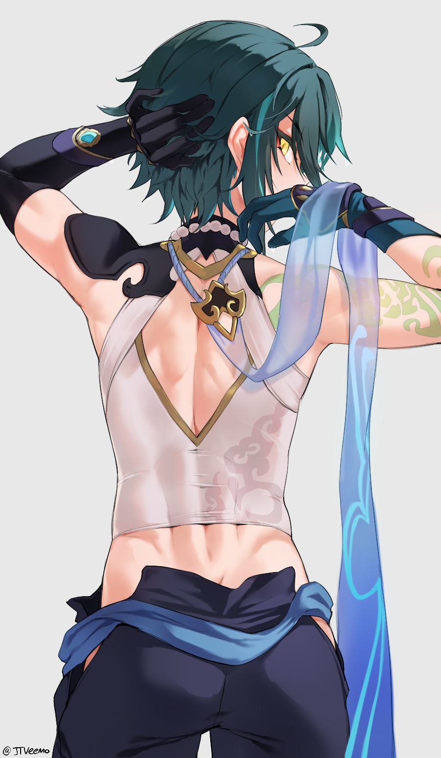 1boy aqua_hair arm_tattoo ass asymmetrical_gloves back bangs bead_necklace beads blue_hair from_behind genshin_impact gloves grey_background hair_between_eyes hand_on_own_head head_tilt highres jewelry jtveemo looking_at_viewer male_focus mismatched_gloves multicolored_hair necklace otoko_no_ko simple_background solo tattoo twitter_username xiao_(genshin_impact) yellow_eyes