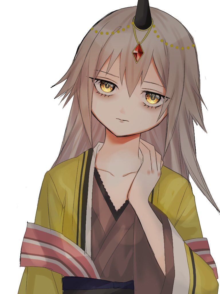 1girl bags_under_eyes comet543 eyebrows_visible_through_hair glaring grey_hair hands_on_own_neck horns japanese_clothes kureha_yuna long_hair magia_record:_mahou_shoujo_madoka_magica_gaiden magical_girl mahou_shoujo_madoka_magica messy_hair oni single_horn solo soul_gem yellow_eyes