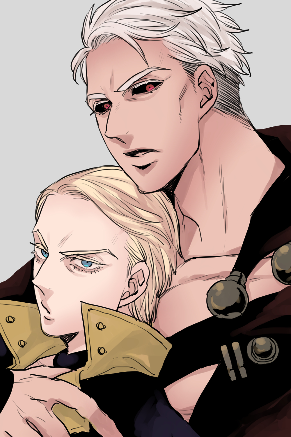 2boys arm_over_shoulder black_sclera black_shirt blonde_eyelashes blonde_hair blue_eyes collarbone colored_sclera grey_background highres jojo_no_kimyou_na_bouken looking_at_viewer male_focus multiple_boys open_collar open_mouth prosciutto red_eyes risotto_nero ryuuzaki_(ereticent) shirt short_hair vento_aureo white_eyelashes white_hair