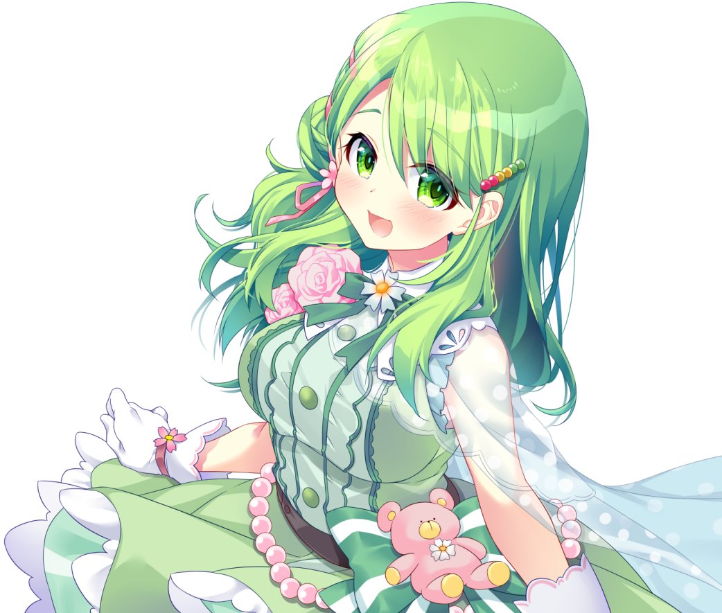 1girl :d bead_belt beads blush bodice bow cowboy_shot dress eyebrows_visible_through_hair flower frilled_dress frills gloves green_bow green_dress green_eyes green_hair green_neckwear hair_beads hair_flower hair_ornament komo_da morinaka_kazaki nijisanji open_mouth pink_ribbon ribbon side_bun smile stuffed_animal stuffed_toy teddy_bear virtual_youtuber