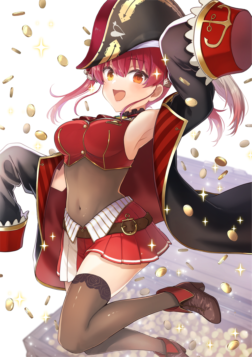 1girl :d arm_up armpits bangs belt blurry coin commentary_request depth_of_field eyebrows_visible_through_hair gold_coin hair_between_eyes hat high_heels highres hololive houshou_marine koto_(colorcube) long_hair long_sleeves looking_at_viewer off-shoulder_coat off_shoulder open_mouth orange_eyes pirate_hat pleated_skirt redhead sidelocks skirt smile solo sparkle thigh-highs treasure_chest twintails virtual_youtuber zettai_ryouiki