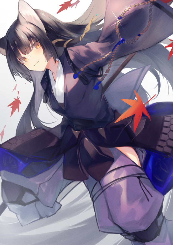 1girl animal_ears arknights bangs beads black_hair black_kimono blush closed_mouth commentary dog_ears dog_girl eyebrows_visible_through_hair japanese_clothes kimono leaf long_hair maple_leaf prayer_beads saga_(arknights) sasa_onigiri solo yellow_eyes