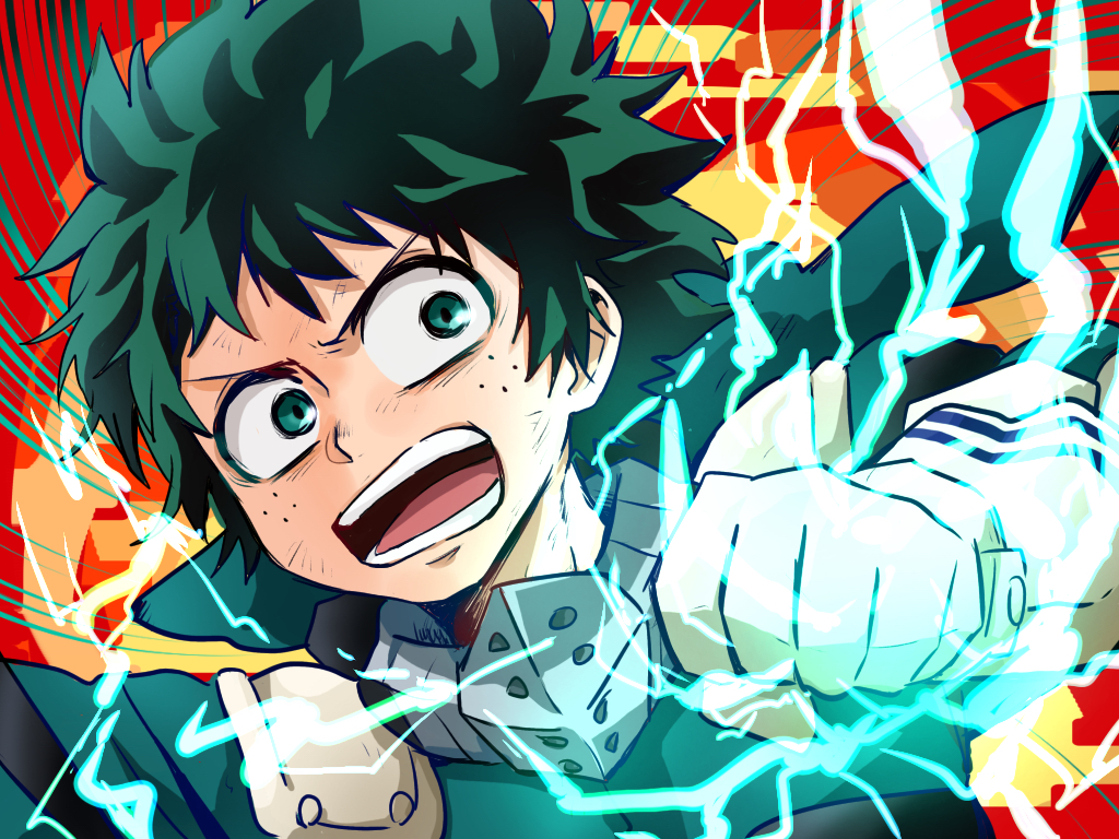 1boy :o bodysuit boku_no_hero_academia dirty dirty_face freckles gloves green_bodysuit green_eyes green_hair isaki_(1015m) midoriya_izuku punching red_background short_hair shouting upper_body white_gloves