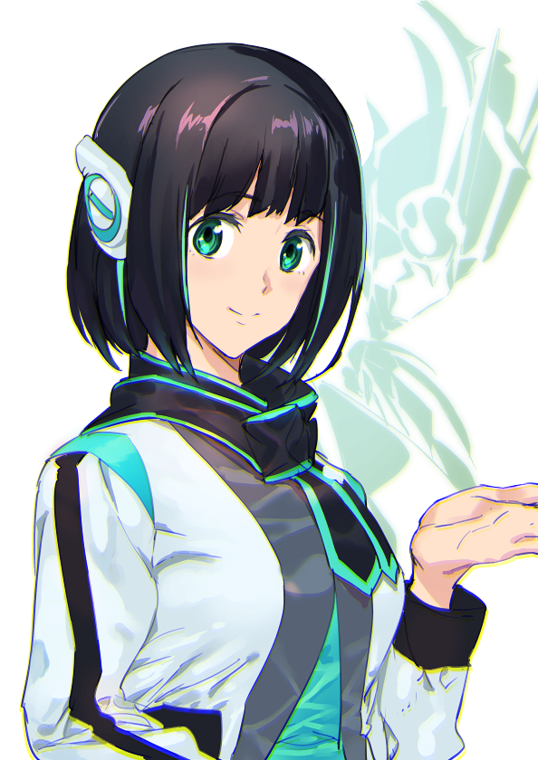 1girl ashiomi_masato black_hair breasts closed_mouth green_eyes humagear_headphones is_(kamen_rider_01) jacket kamen_rider kamen_rider_01_(series) looking_at_viewer multicolored_hair robot_ears short_hair smile solo streaked_hair white_jacket